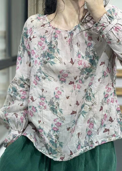 O-neck Print Linen Top Long Sleeve
