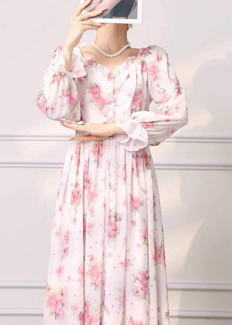 Pink Ruffled Print Chiffon Dress Long Sleeve