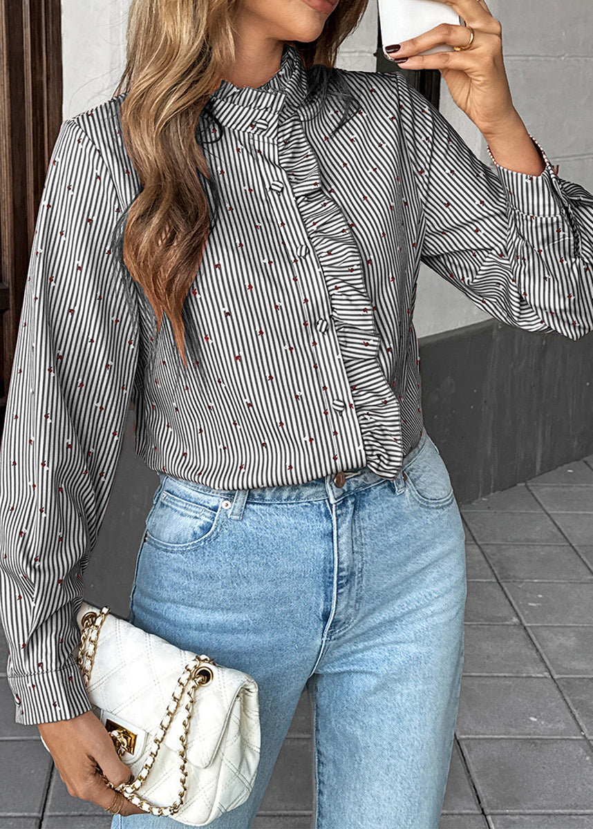Red Ruffled Striped Patchwork Cotton Shirt Top Fall