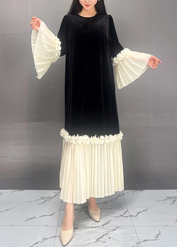 Red O Neck Chiffon Patchwork Velvet Dresses Flare Sleeve