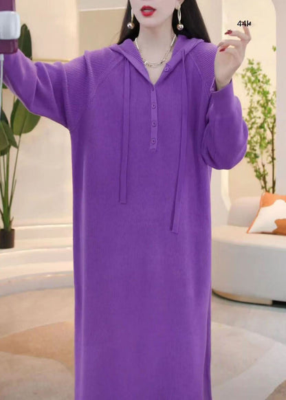 Simple Purple Hooded Button Knit Sweater Dress Winter