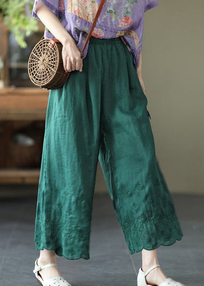 Green High Waist Linen Wide Leg Pants Embroidered Summer