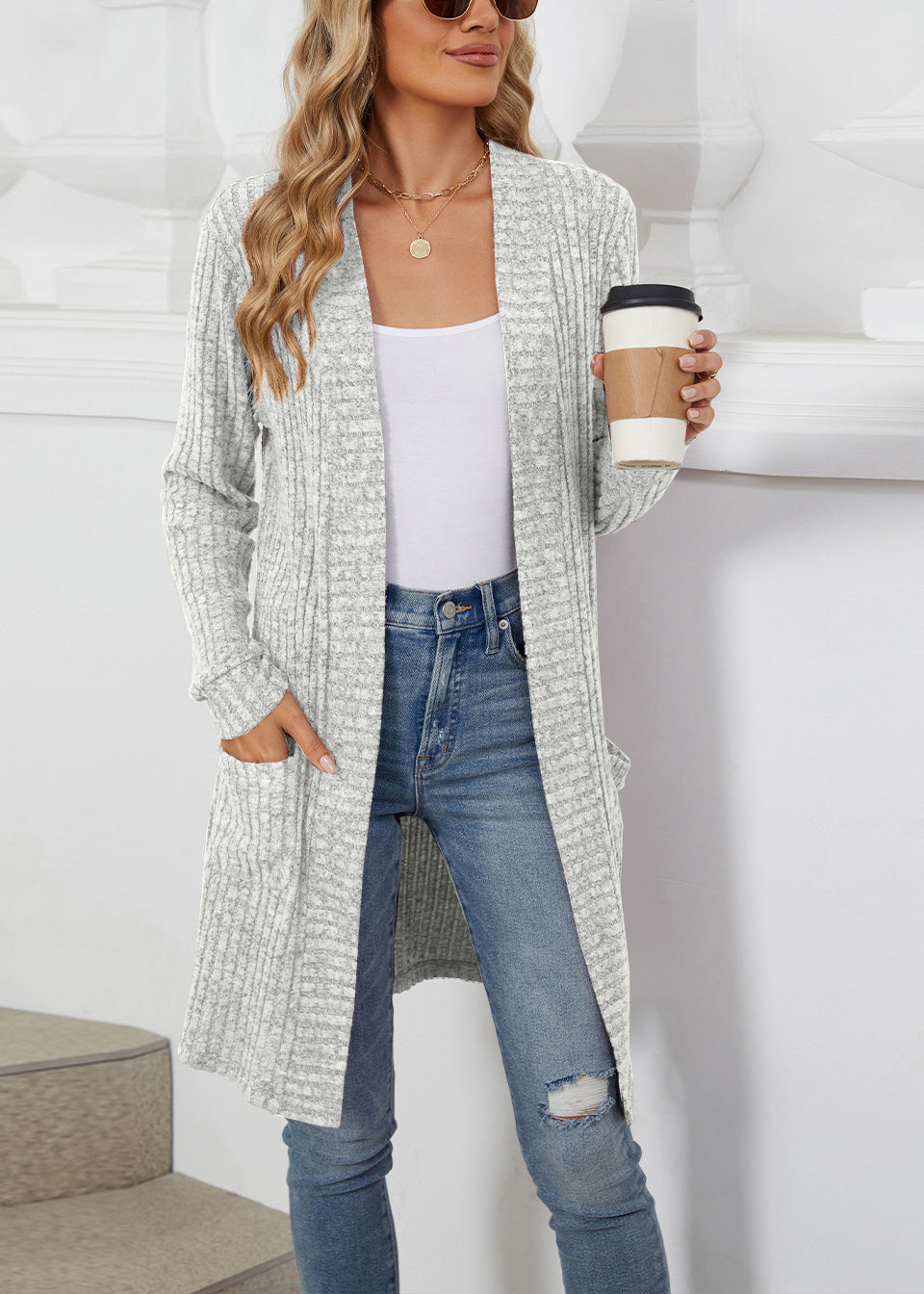Loose Light Grey Pockets Knit Cardigan Fall