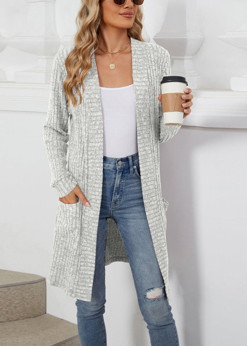 Loose Light Grey Pockets Knit Cardigan Fall