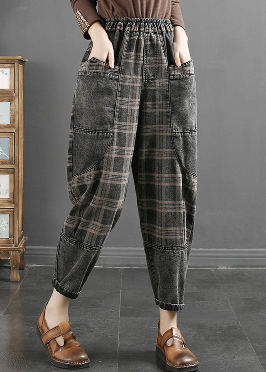Grey Striped Plaid Patchwork Elastic Waist Crop Pants Fall