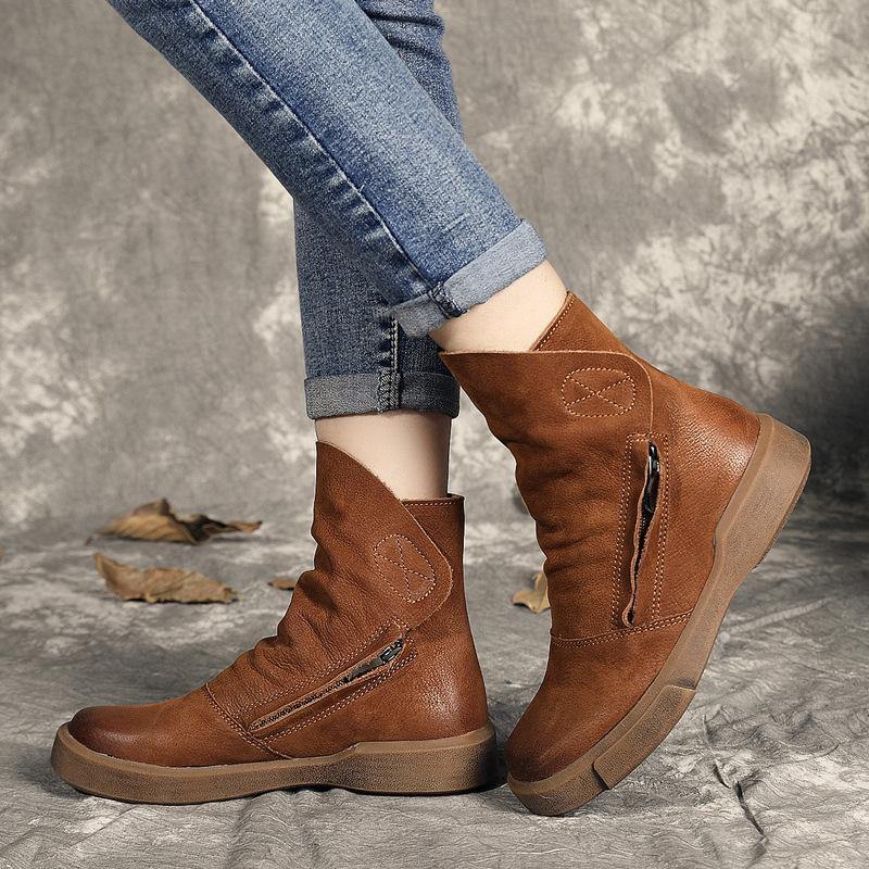 Chocolate Zippered Boots Cowhide Leather