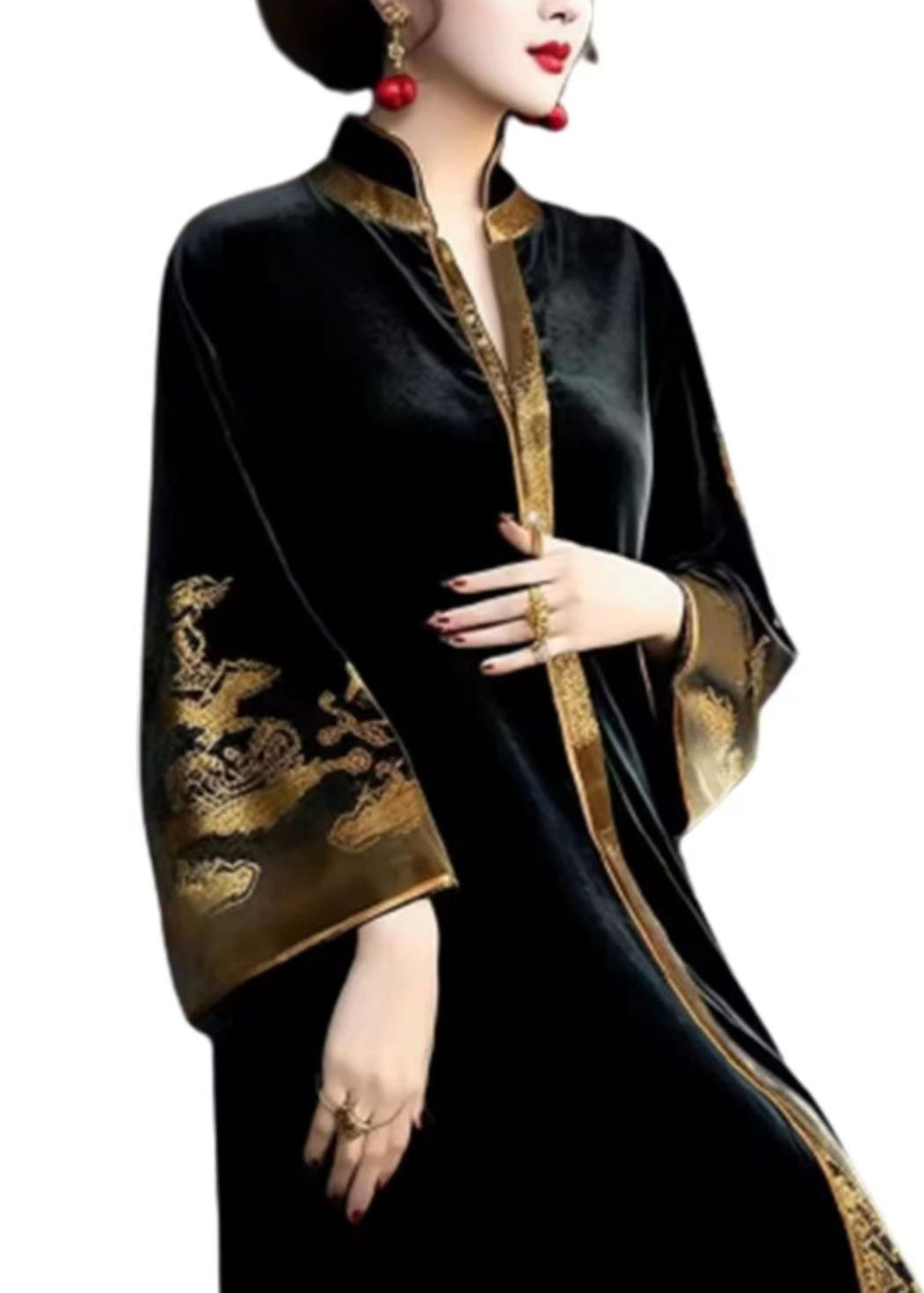 Black V Neck Print Patchwork Silk Velour Long Dresses Fall