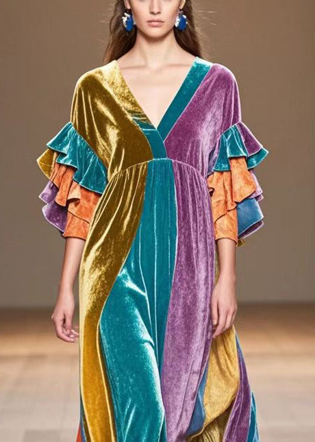 Multicolor V Neck Patchwork Silk Velvet Maxi Dress Butterfly Sleeve