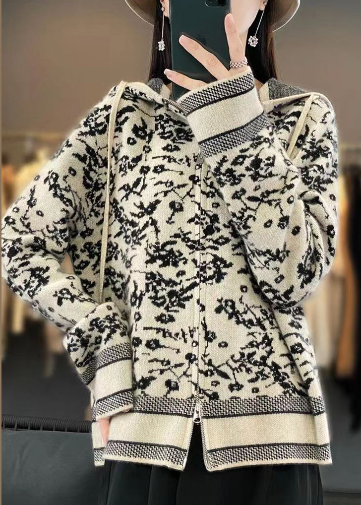 Beige Hooded Zippered Print Wool Knit Coat Long Sleeve