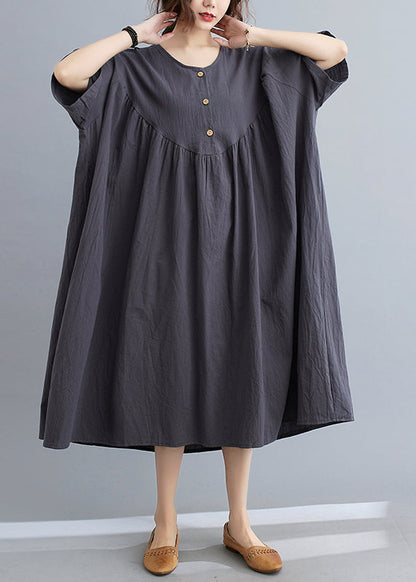 Dark Grey Patchwork Button Long Dresses Short Sleeve