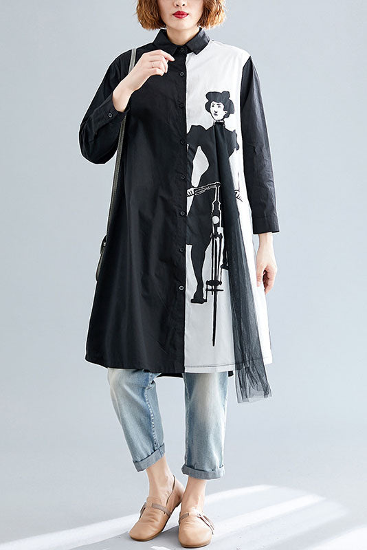 Spring Simple Black White Printed Shirt Dress