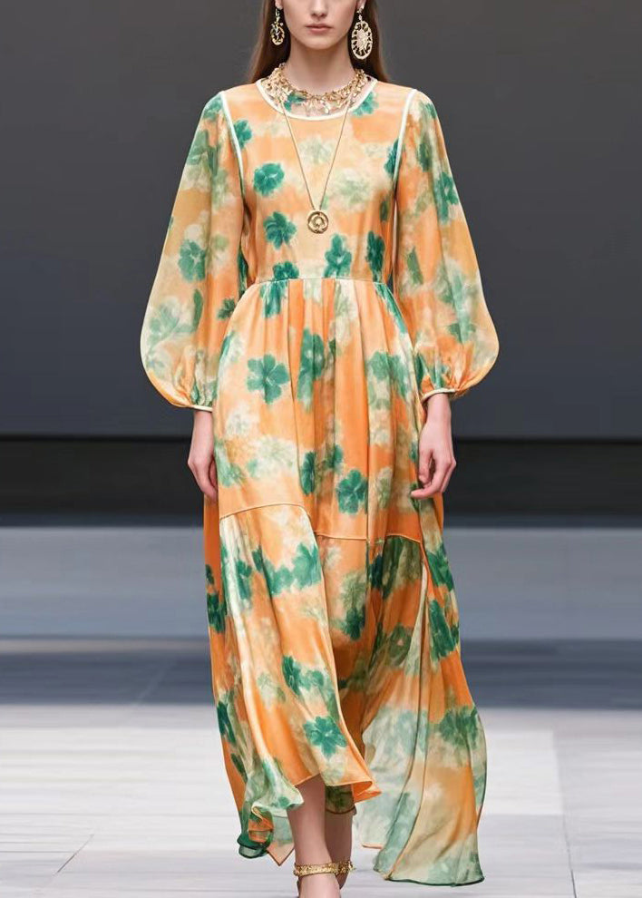 Orange Print Exra Large Hem Chiffon Long Dress Fall
