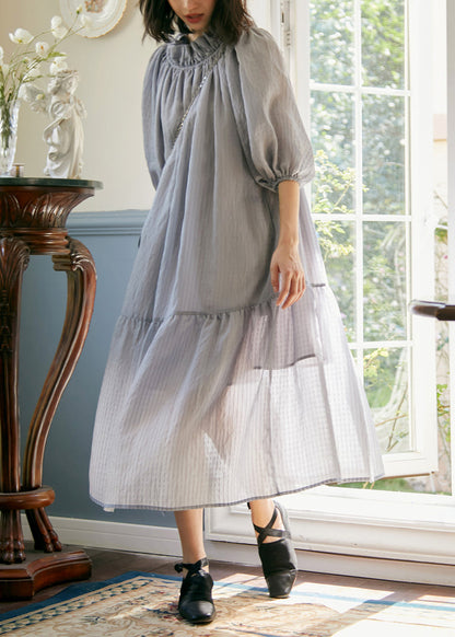 Grey Purple Ruffled Lace Up Patchwork Cotton Dress Summer