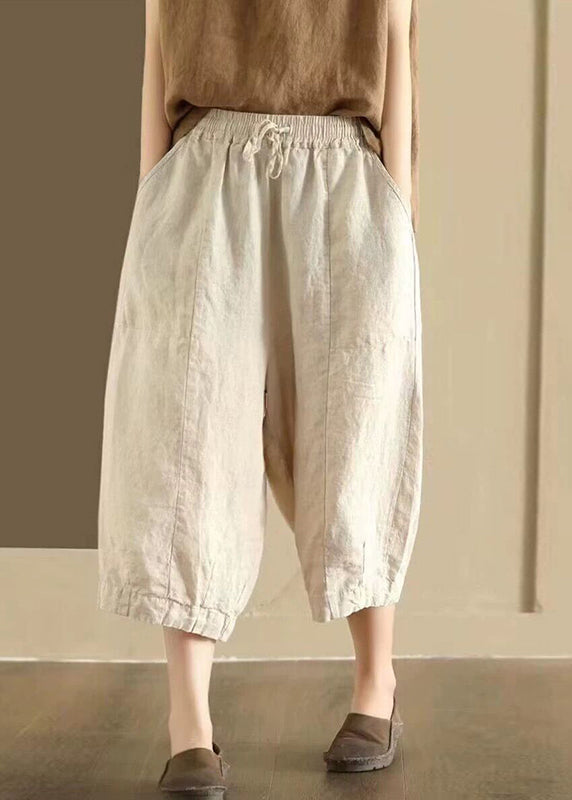 Pockets Elastic Waist Linen Crop Pants Summer