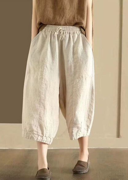Pockets Elastic Waist Linen Crop Pants Summer