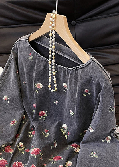 Grey O-neck Rose Print Cotton T Shirts Fall