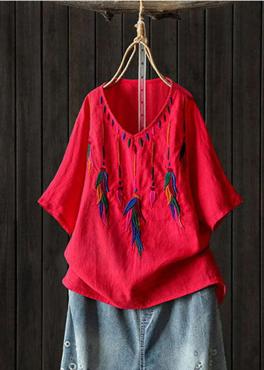 Classy Red Embroidered Low High Design V Neck Linen Shirt Top Short Sleeve