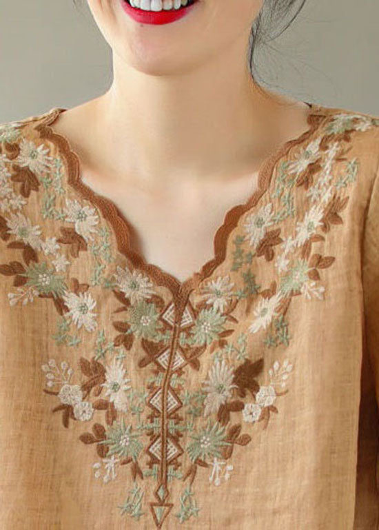 Khaki V Neck Embroidered Patchwork Linen T Shirt Summer