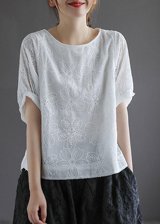 White O-neck Hollow Out Summer Retro Half Sleeve Top
