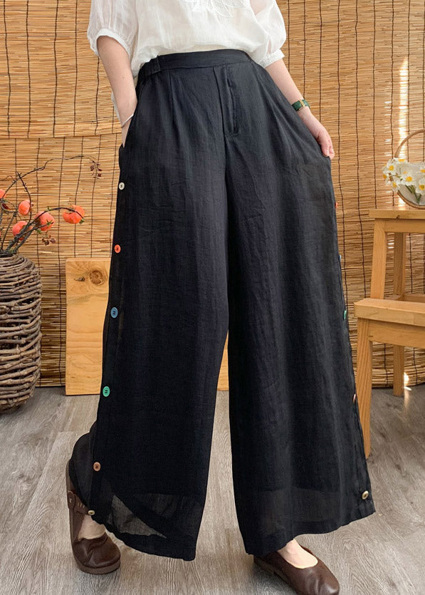 Stylish Black Elastic Waist Button Linen Wide Leg Pants Summer