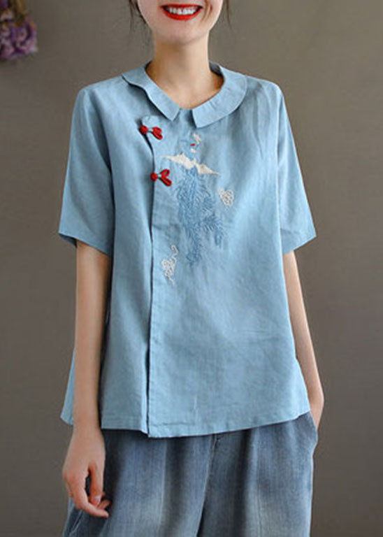 Blue Oriental Linen Shirts Button Short Sleeve