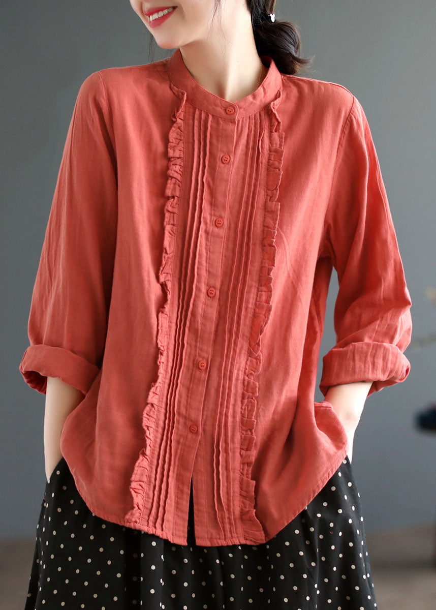 White Stand Collar Ruffled Patchwork Cotton Blouse Tops Spring