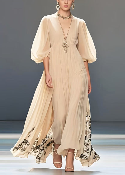 Simple Apricot Print Exra Large Hem Chiffon Long Dresses Lantern Sleeve