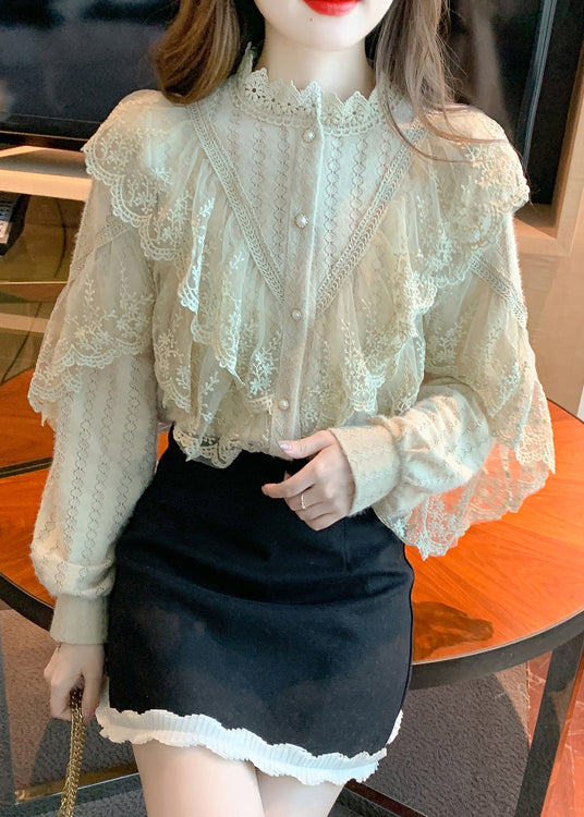 Khaki Stand Collar Patchwork Lace Shirts Fall