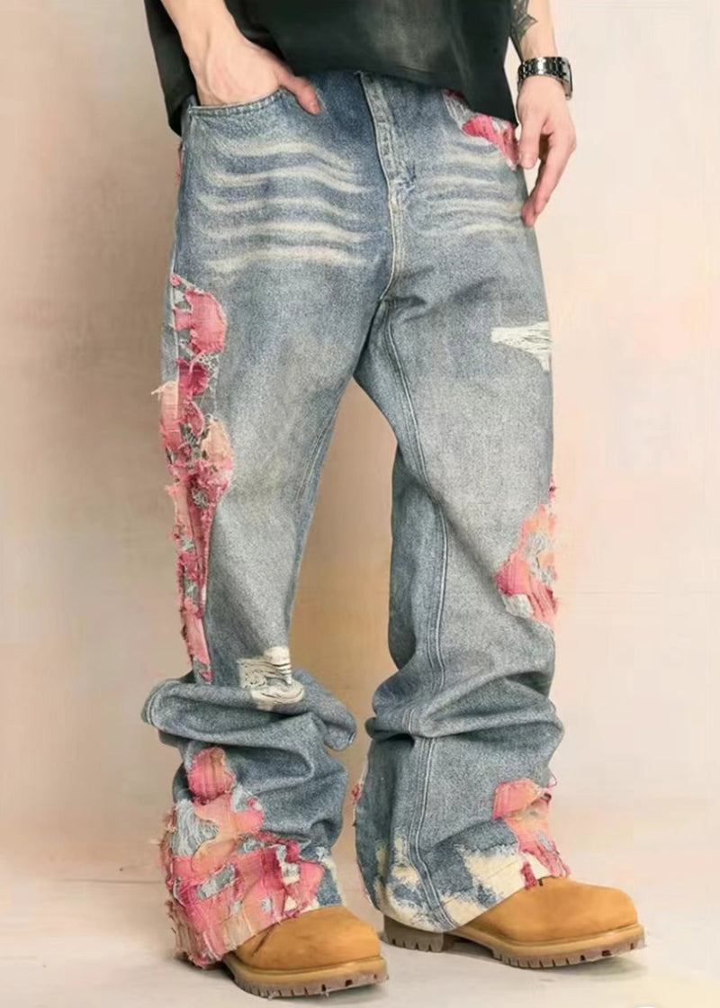 Blue Print Pockets High Waist Denim Pants Fall