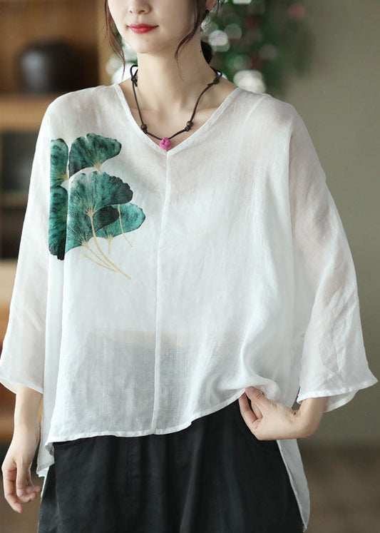 White V Neck Print Linen Shirt Top Batwing Sleeve