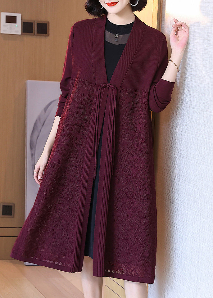 Wine Red Button Hollow Out Cotton Knit Long Cardigan Spring