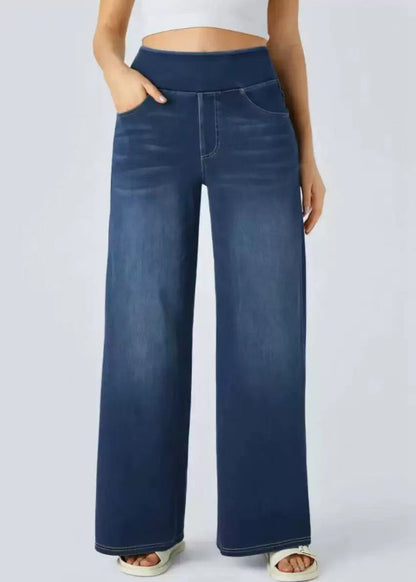 Light Blue Pockets Elastic Waist Denim Wide Leg Pants Summer