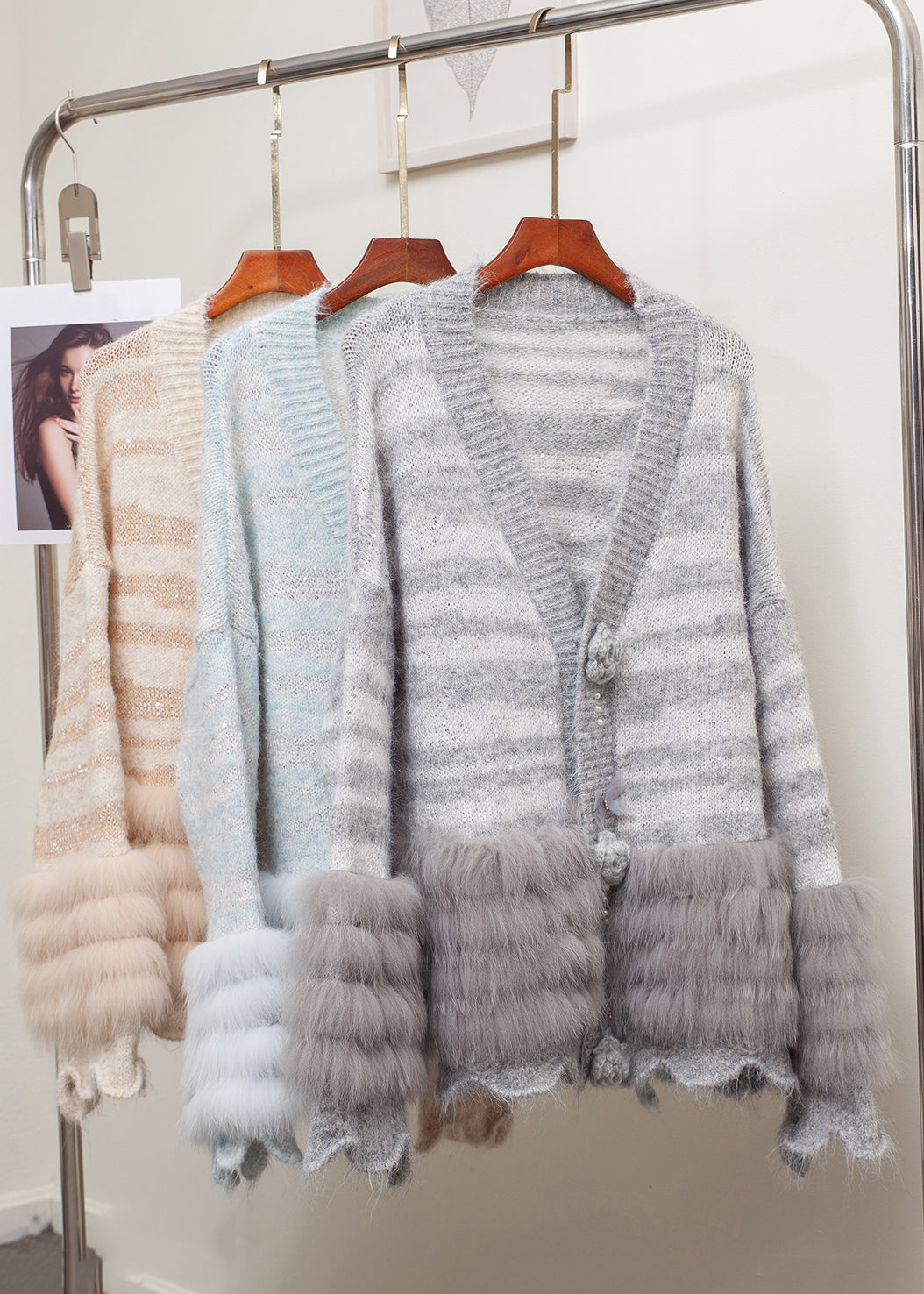 Striped Grey Fox Fur Patchwork Knit Cardigans Winter