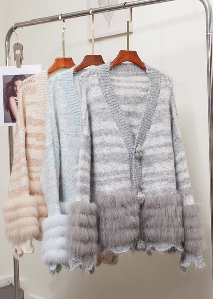 Striped Grey Fox Fur Patchwork Knit Cardigans Winter