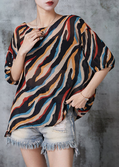 Khaki Oversized Striped Chiffon Tops Summer