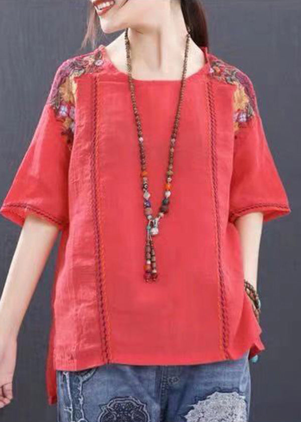 Handmade Red O-neck Embroidered Linen Tank Tops Short Sleeve