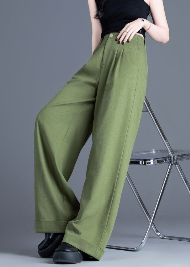 Tea Green Elastic Waist Cotton Wide Leg Pants Spring