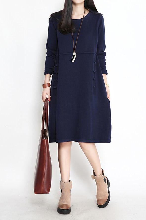 Green/purple/blue Loose Cotton Knitted Long Sleeve Sweater Dresses Tops