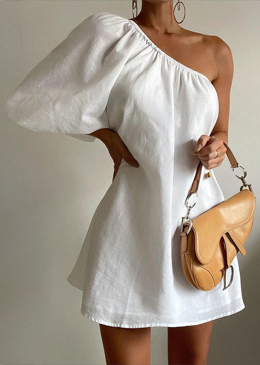 Stylish White One Shoulder Cotton Mid Dresses Puff Sleeve