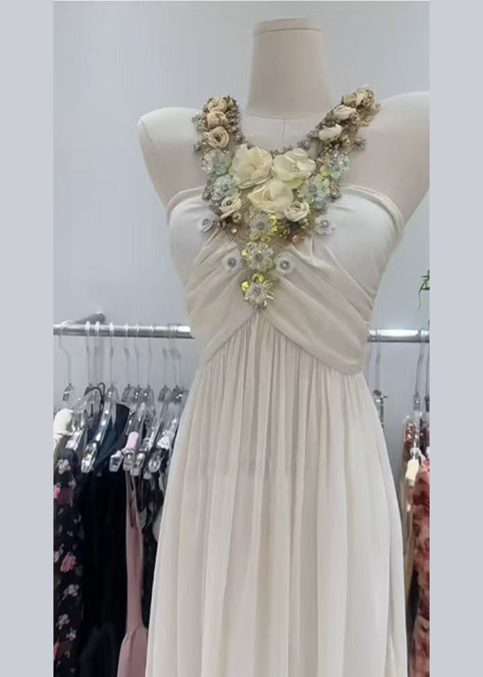 White Zircon Wrinkled Patchwork Cotton Long Dress Sleeveless