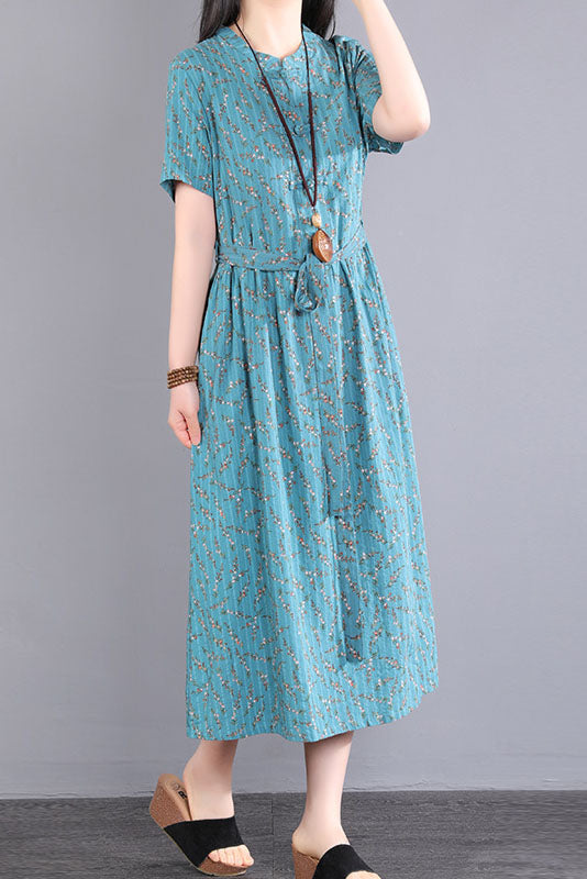 Summer Loose Short Sleeve Dress Linen Print Dress