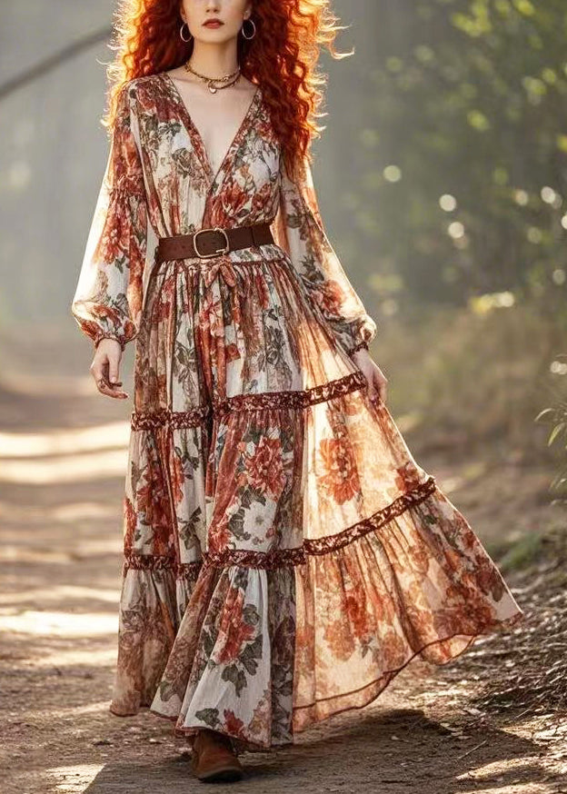 Brick Red Cinched Print Cotton Holiday Dress Spring