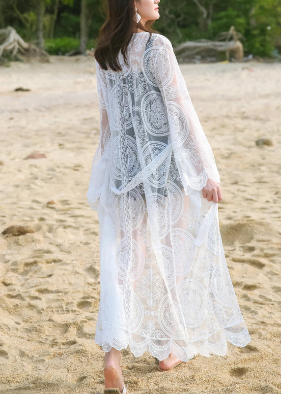 White Embroidered Tie Waist Lace Loose Cardigans Summer