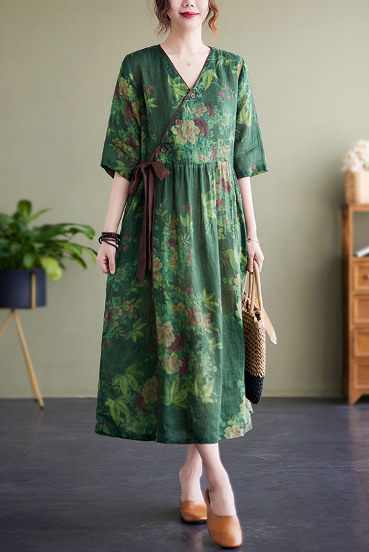 -new Green Dress Ramie Print Maxi Dress