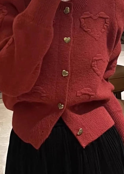 Red O Neck Button Knit Cardigan Fall