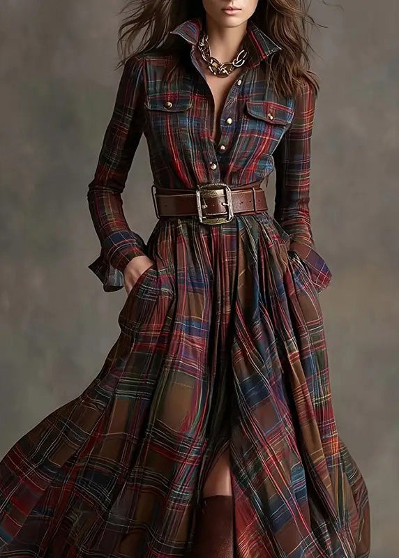 French Multi Plaid Peter Pan Collar Patchwork Cotton Dress Fall