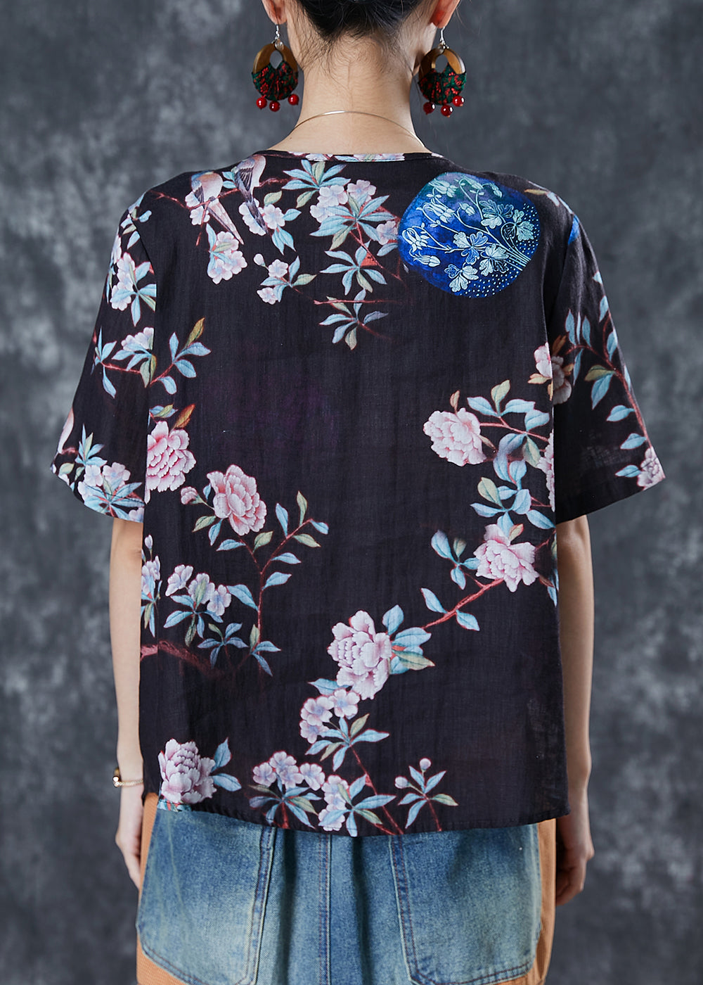 Fine Black Asymmetrical Print Linen Top Summer