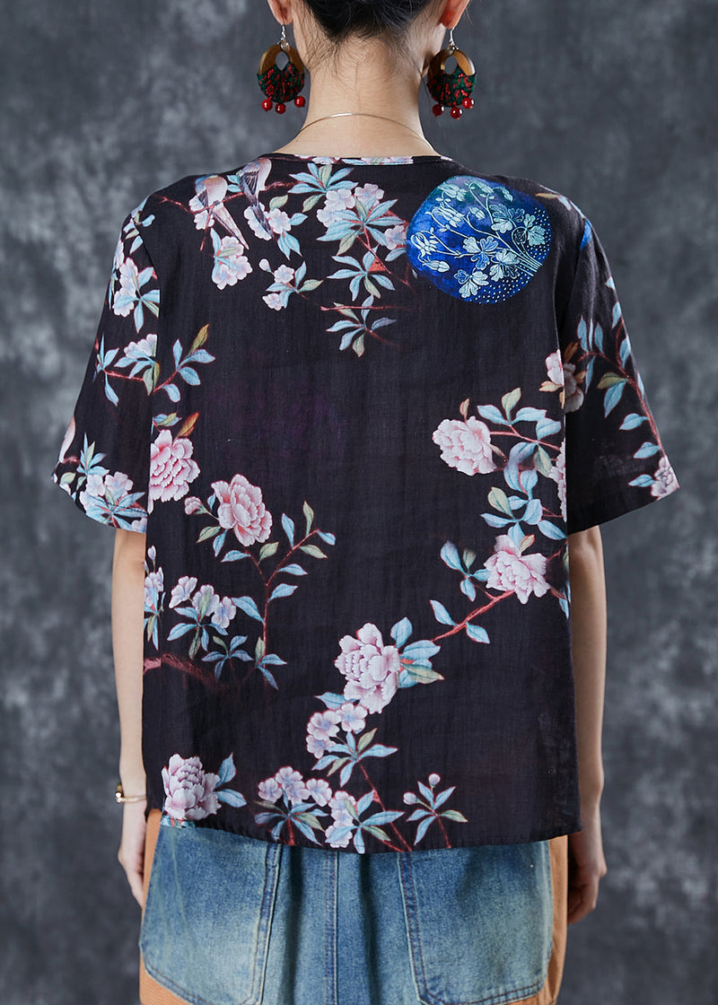 Fine Black Asymmetrical Print Linen Top Summer