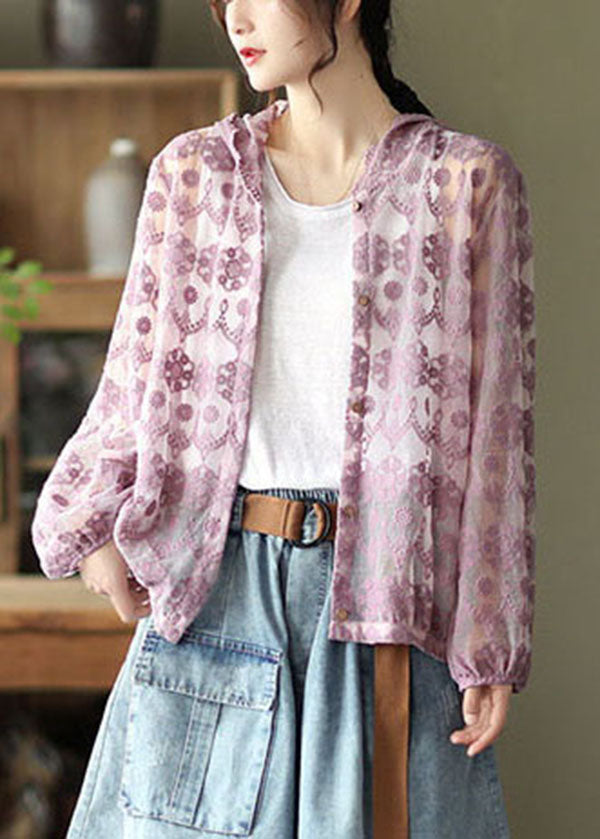Purple Hollow Out Lace Upf 50+ Coat Cardigan Embroideried Long Sleeve