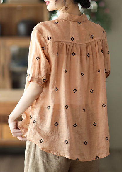 Orange Peter Pan Collar Linen Shirt Top Short Sleeve